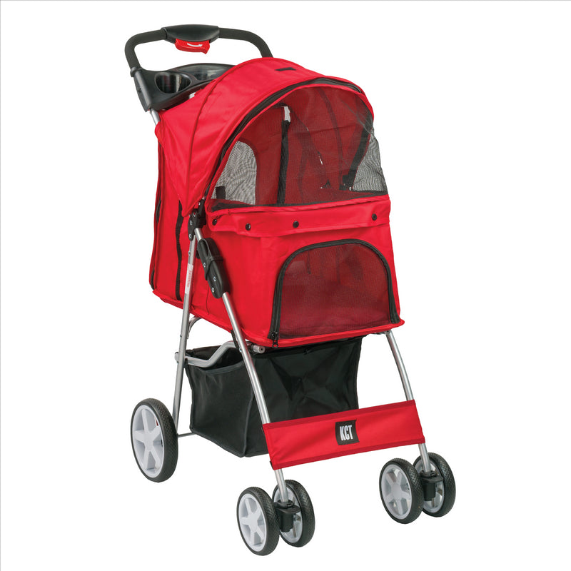 Hooded Pet Stroller with Rain Cover - Red
