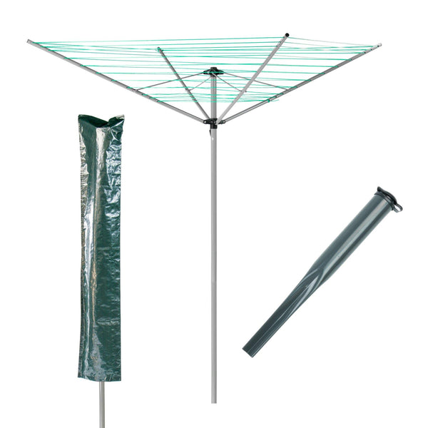 KCT 4 Arm Outdoor Rotary Washing Clothes Line - 40m Drying Area - With Ground Spike and Protective Cover