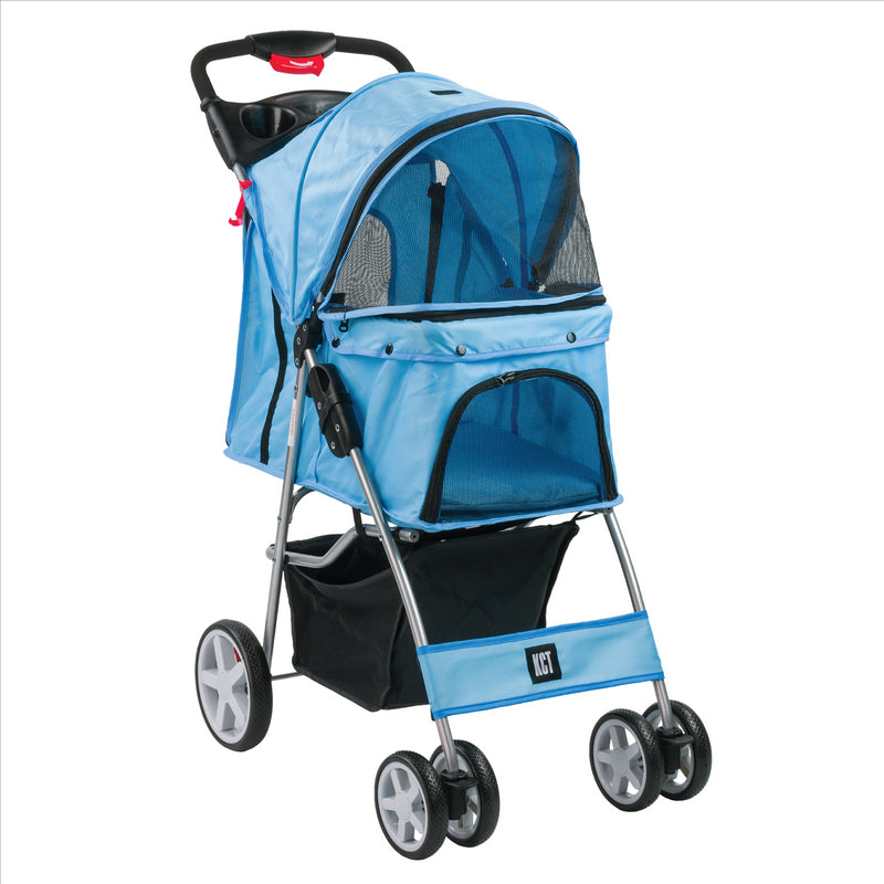 Hooded Pet Stroller with Rain Cover - Blue