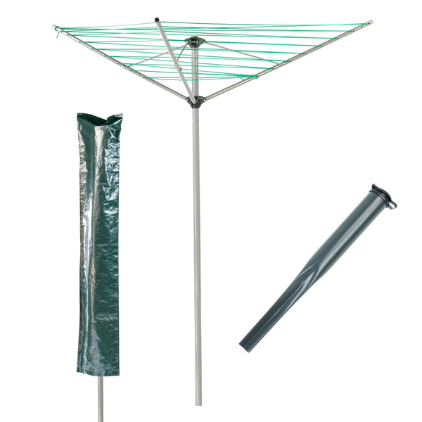 KCT 3 Arm Outdoor Rotary Washing Clothes Line - 30m Drying Area - With Ground Spike and Protective Cover