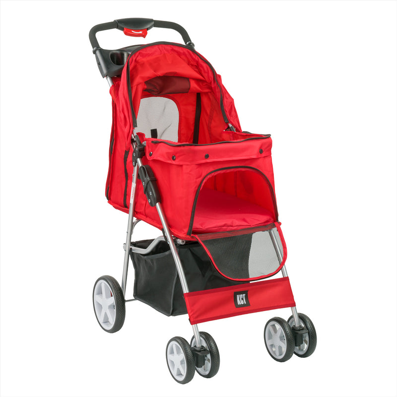 Hooded Pet Stroller with Rain Cover - Red
